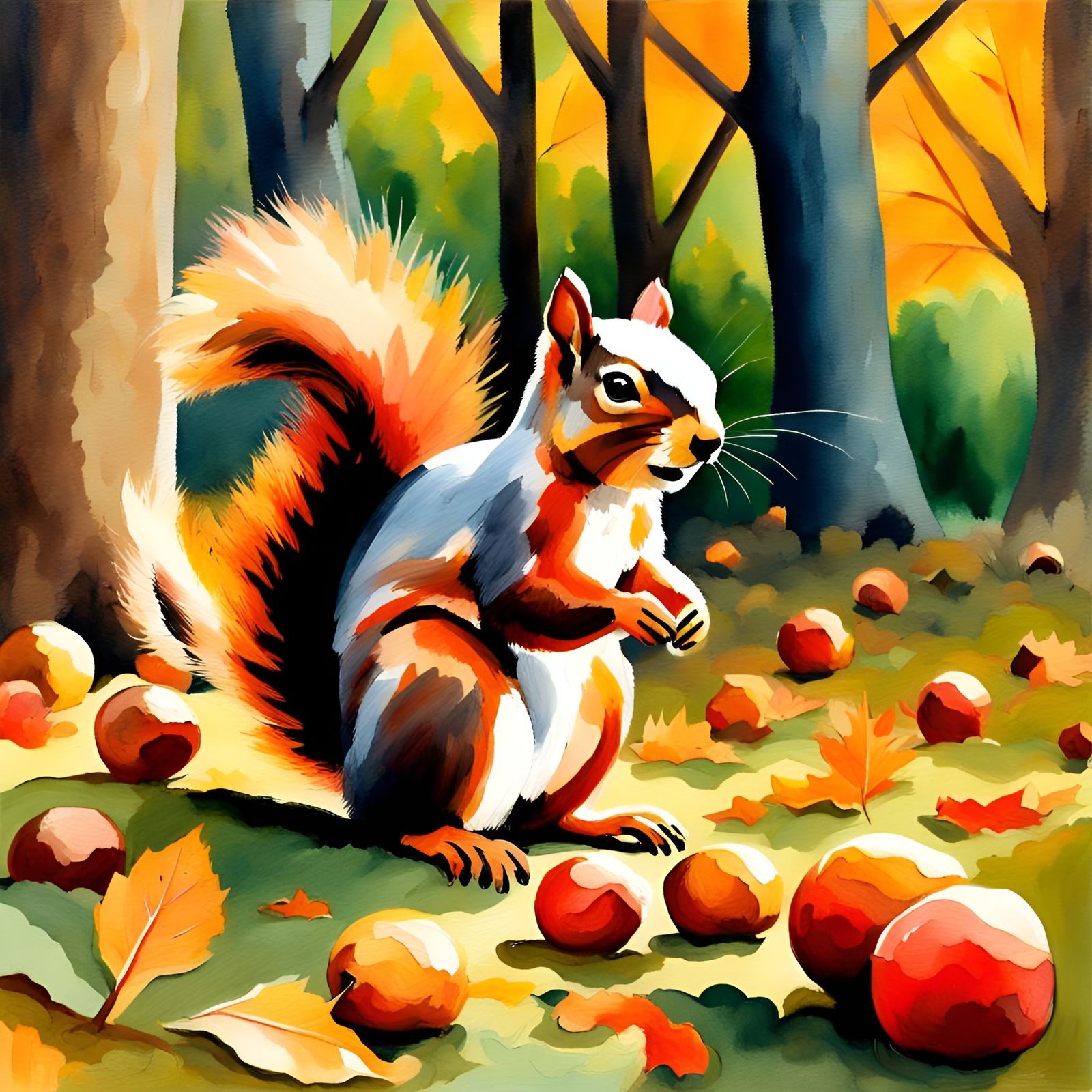 Squirrel Gathering Nuts: Gouache Impressionist Painting