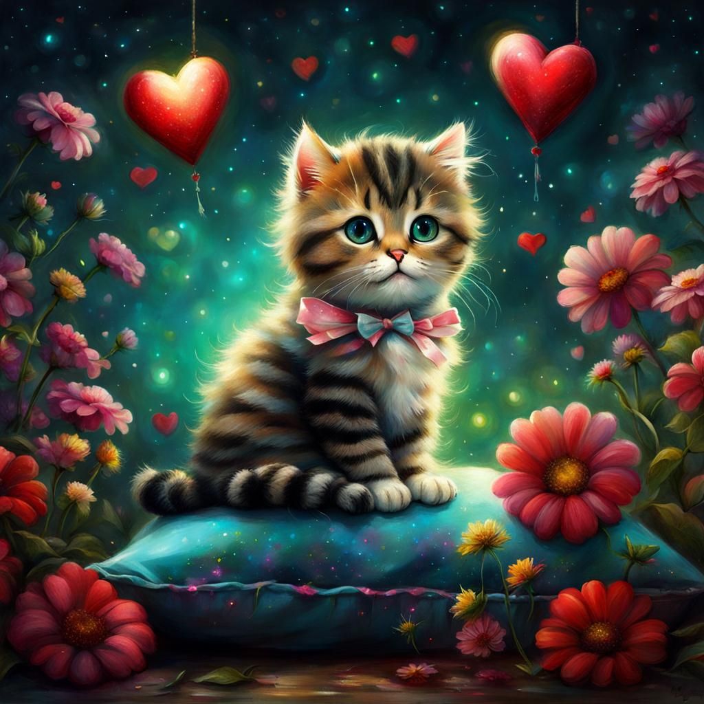 Cute Cat Surrounded by Flowers in Whimsical Style