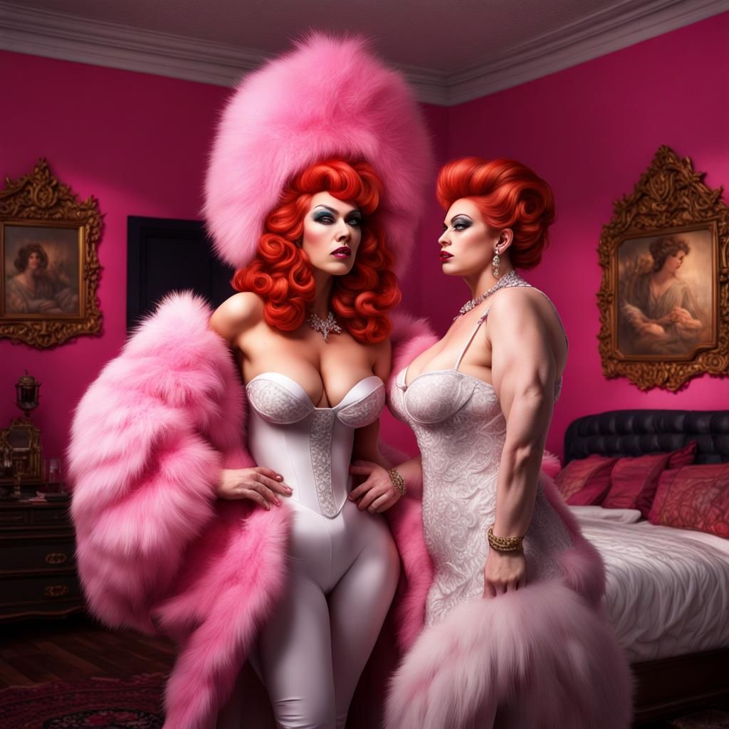 Red-Haired Drag Queen in Pink Fur, Detailed Matte Painting