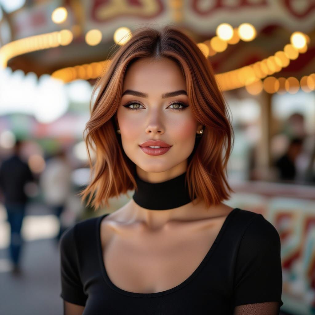 Woman at Fair with Red Hair in Golden Hour Light