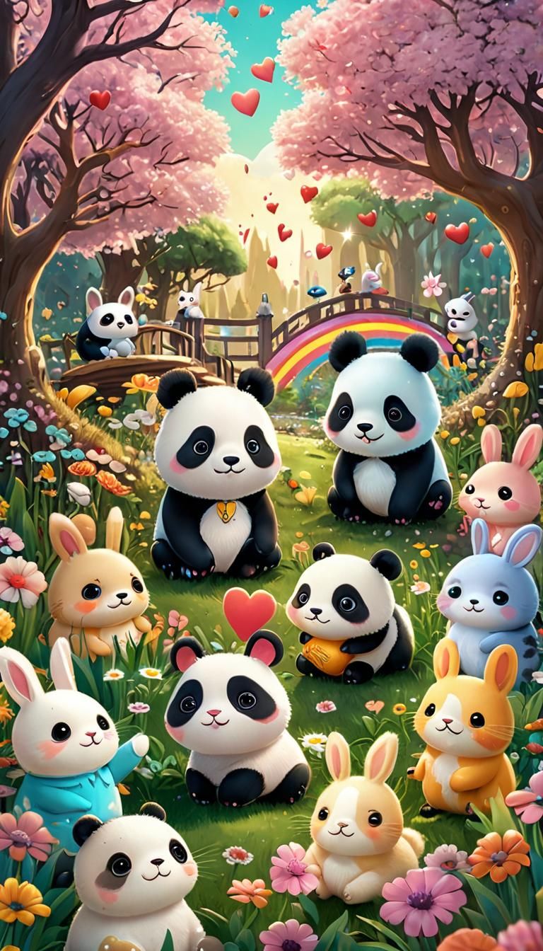 Kawaii Pastel Animals in Dreamy Garden, Digital Art