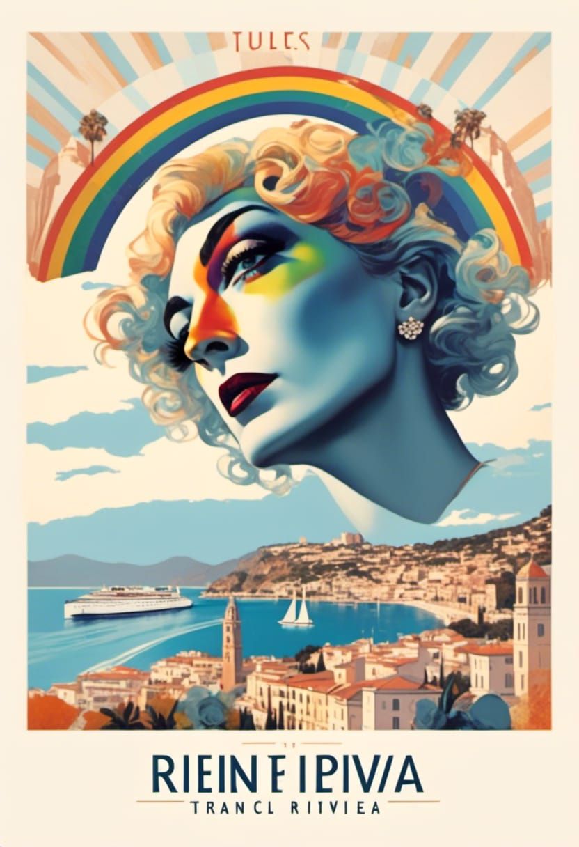 A rainbow travel poster for the French Riviera in the style ...