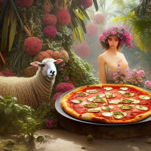 Sheep Enjoying Pizza in Tropical Flower Garden