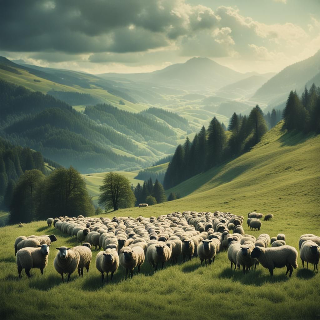 Sheep in Valley: Photorealistic Cinematic Painting