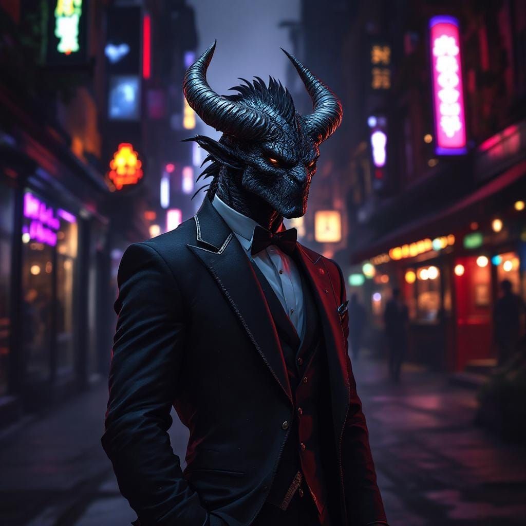 A dragonborn with black scales and horns wearing a tuxedo outside a nightclub a masterpiece, 8k resolution, dark fantasy...