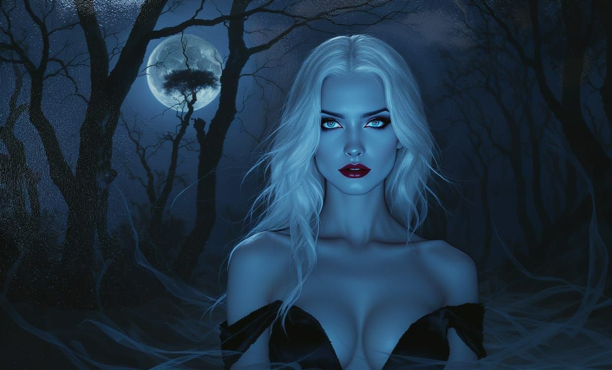 White-Haired Woman with Piercing Blue Eyes