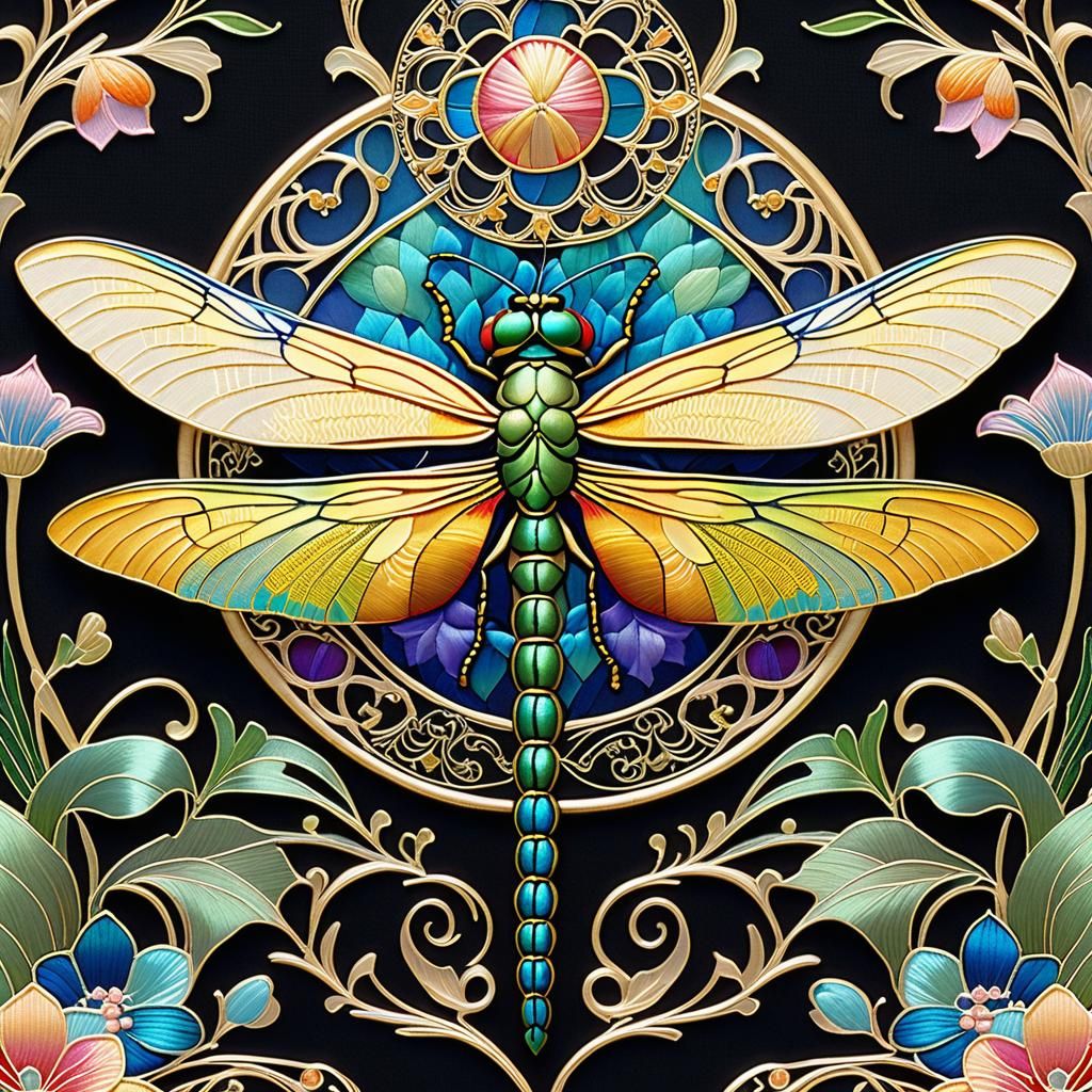 NightCafe Model Examples: Juggernaut XL v8 - Dragonfly By Kinuko Y. Craft, Embroidery Art