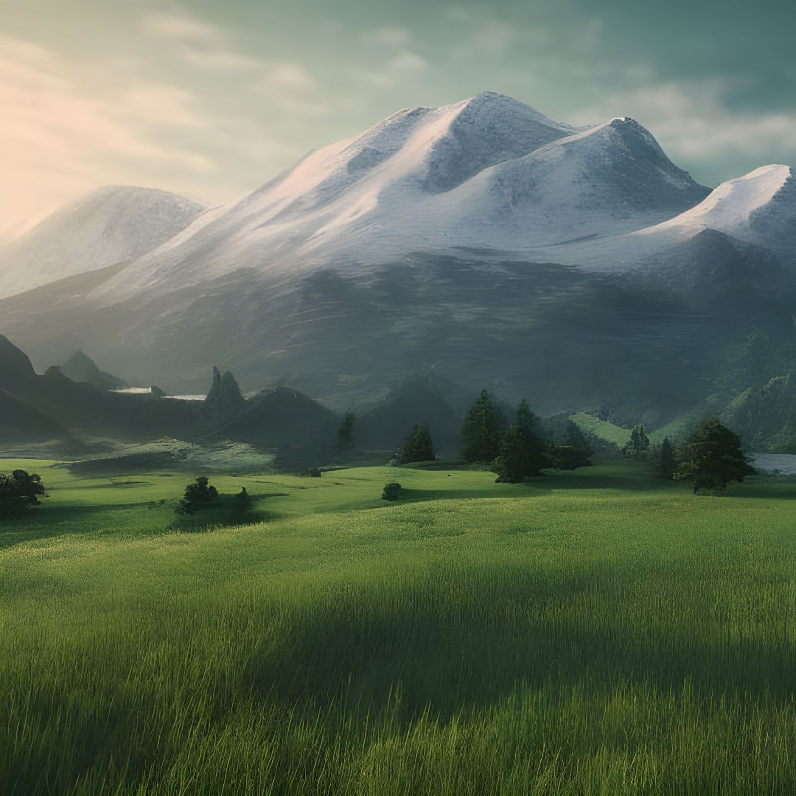 Epic 3D Landscape with Snowy Mountains and Rolling Plains