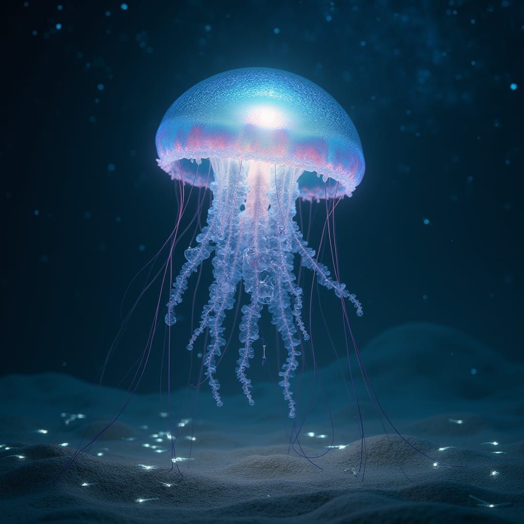 Bioluminescent Jellyfish Under Starry Ocean