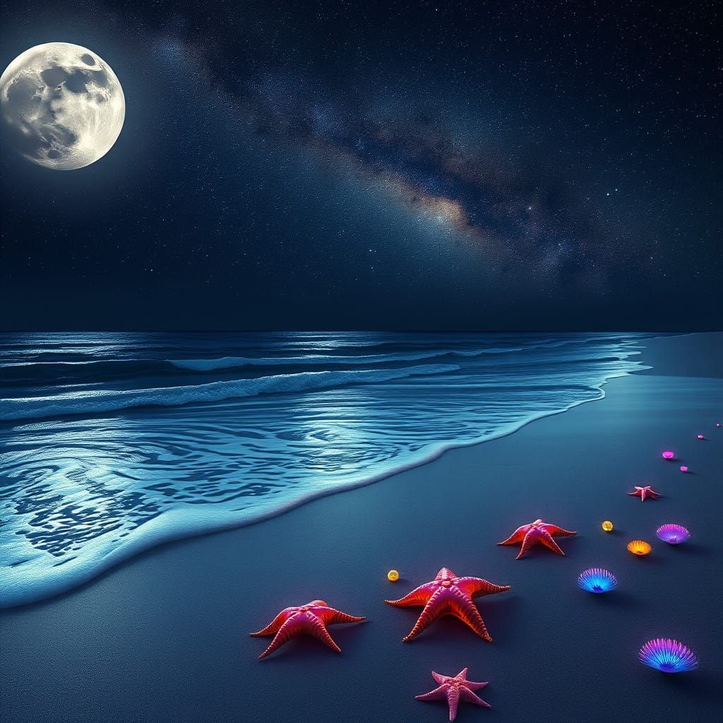 Moonlit Beach at Twilight with Vibrant Starfish and Anemones