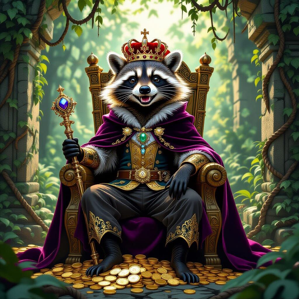 Raccoon King on Gold Coin Throne in Jungle Temple