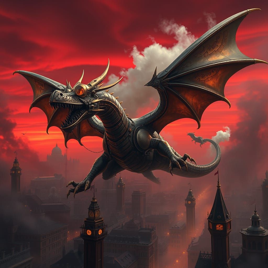 Steampunk Dragon Soars Through Crimson Victorian Sky