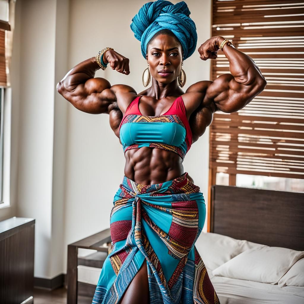 Strong Woman Flexing Biceps in African Dress