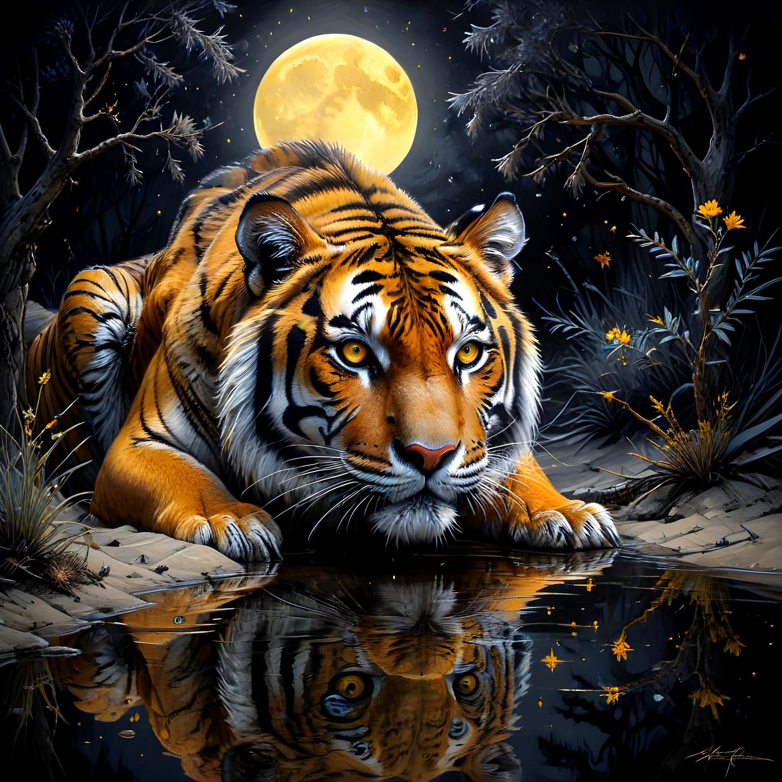 Bengali Tiger Gazing at Reflection: Charcoal Painting