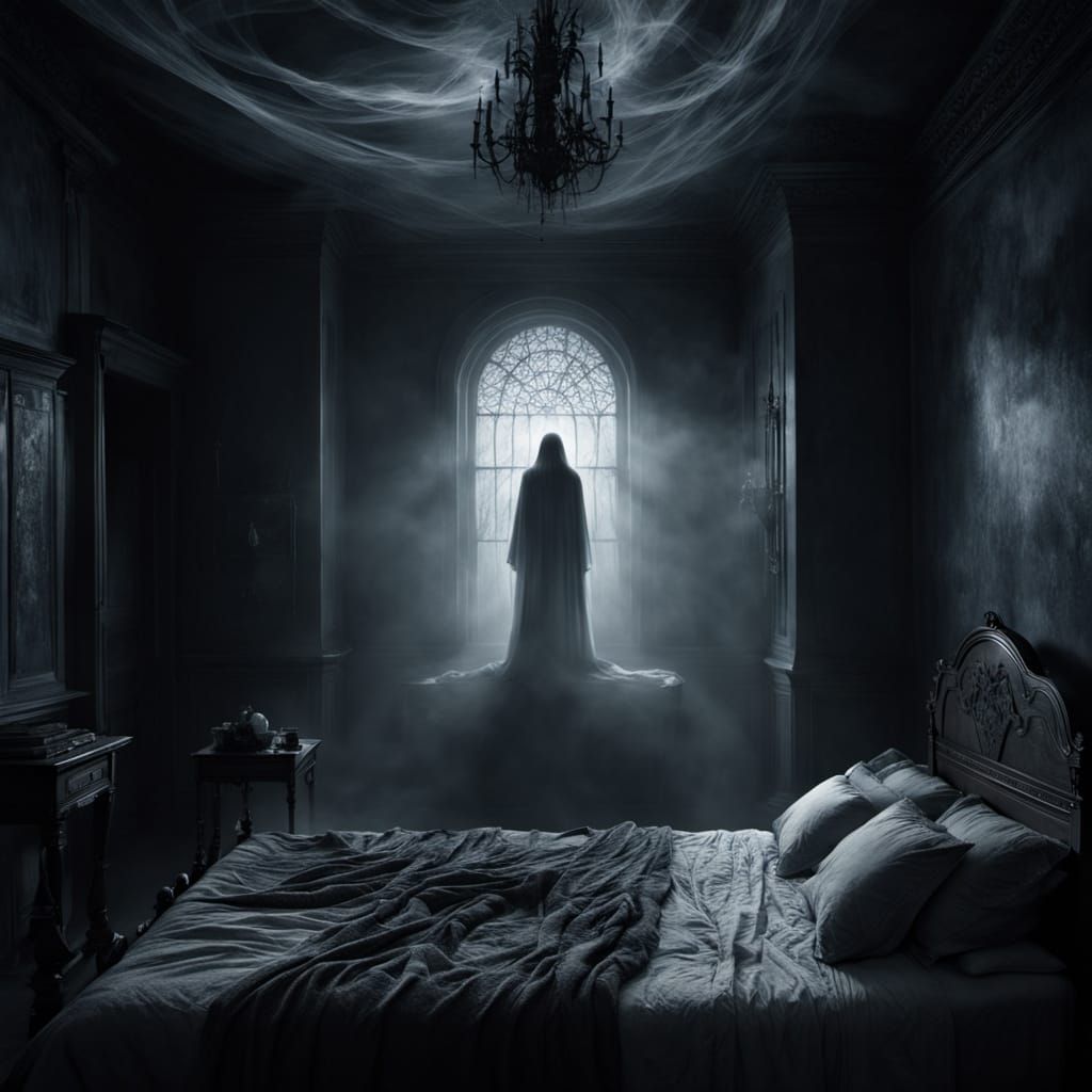 Ethereal Ghostly Form Floats Above a Moonlit Bed in a Dark, ...