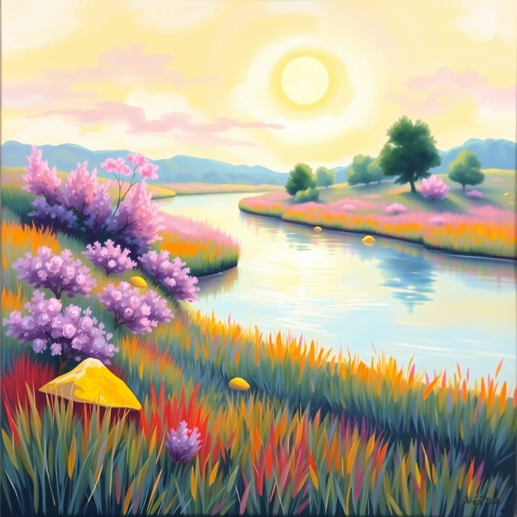 Impressionist Landscape with Glowing Moon and River