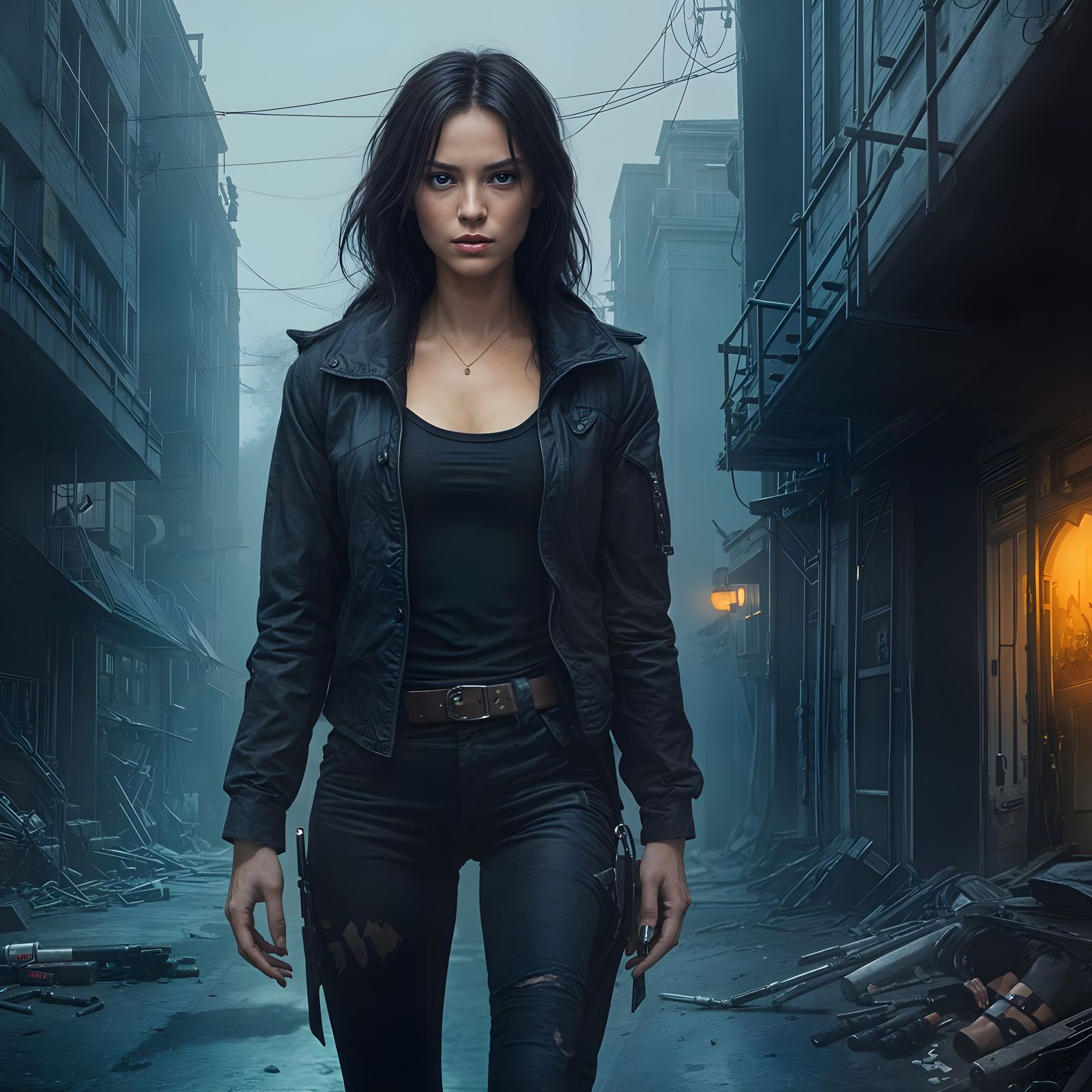 Mysterious Antiheroine in Shadowy Urban Landscape