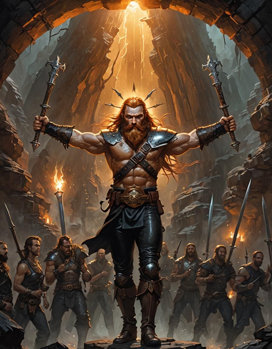 Muscular Dwarf Warrior in a Golden Cavern, Dark Fantasy Art