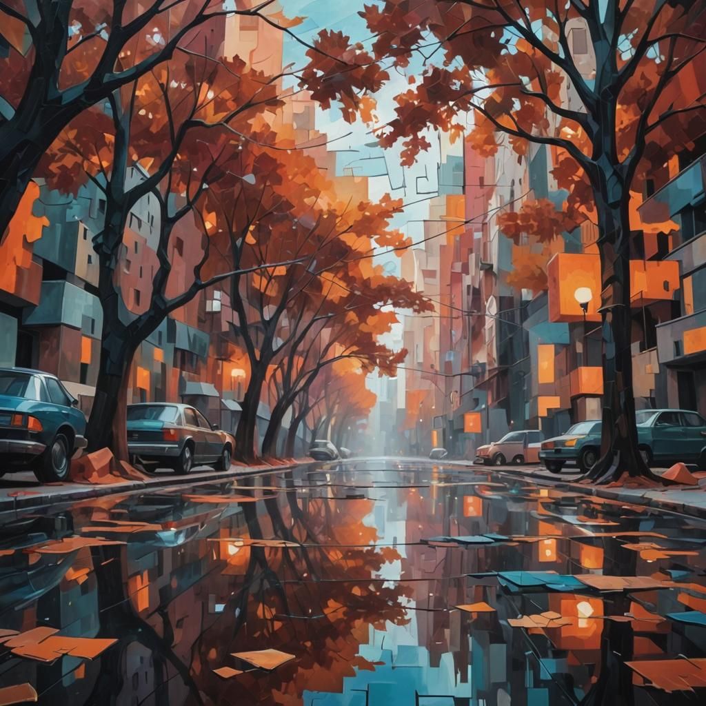 Cubist Cityscape with Geometric Art Deco Elements