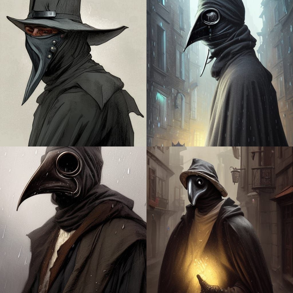 Plague Doctor in Rainy Medieval Street