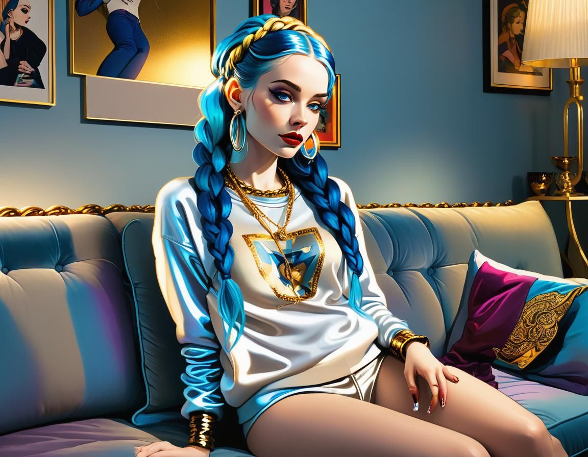 Woman Lounging in Jewel-Toned Living Room, Comic Book Style