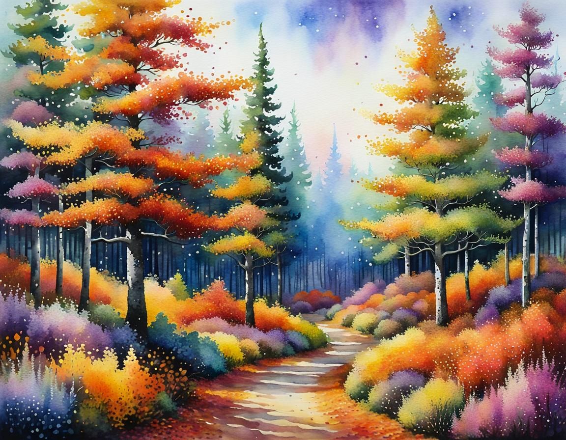 Ethereal Autumn Forest in Pointillist Style
