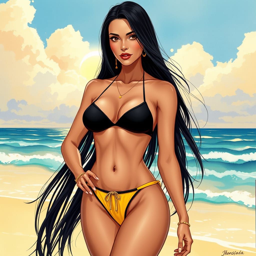 Stunning Woman on Beach in Art Nouveau Style