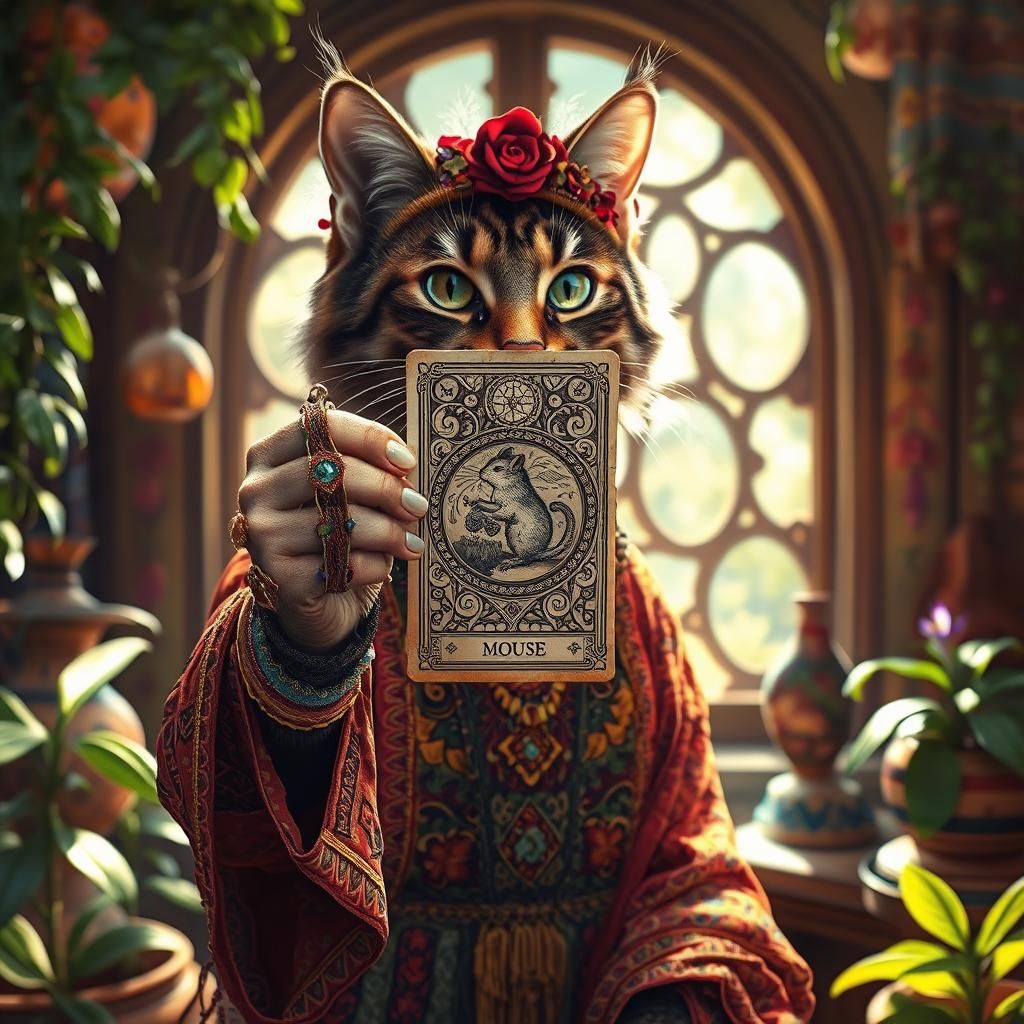 Mystical Cat Gypsy Reveals Mouse Tarot Card