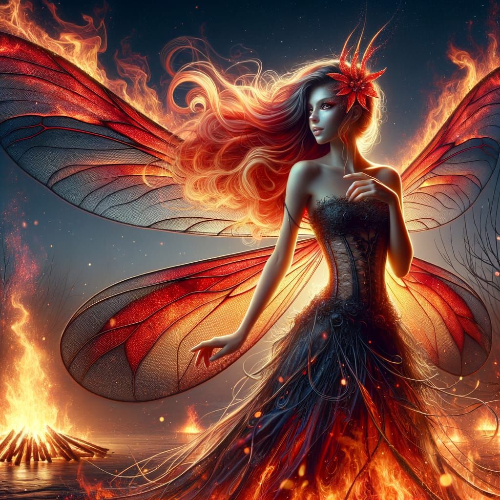 Graceful Fire Fairy with Dragonfly Wings