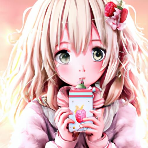 Cute Anime Girl with Strawberry Juice, Ghibli Style