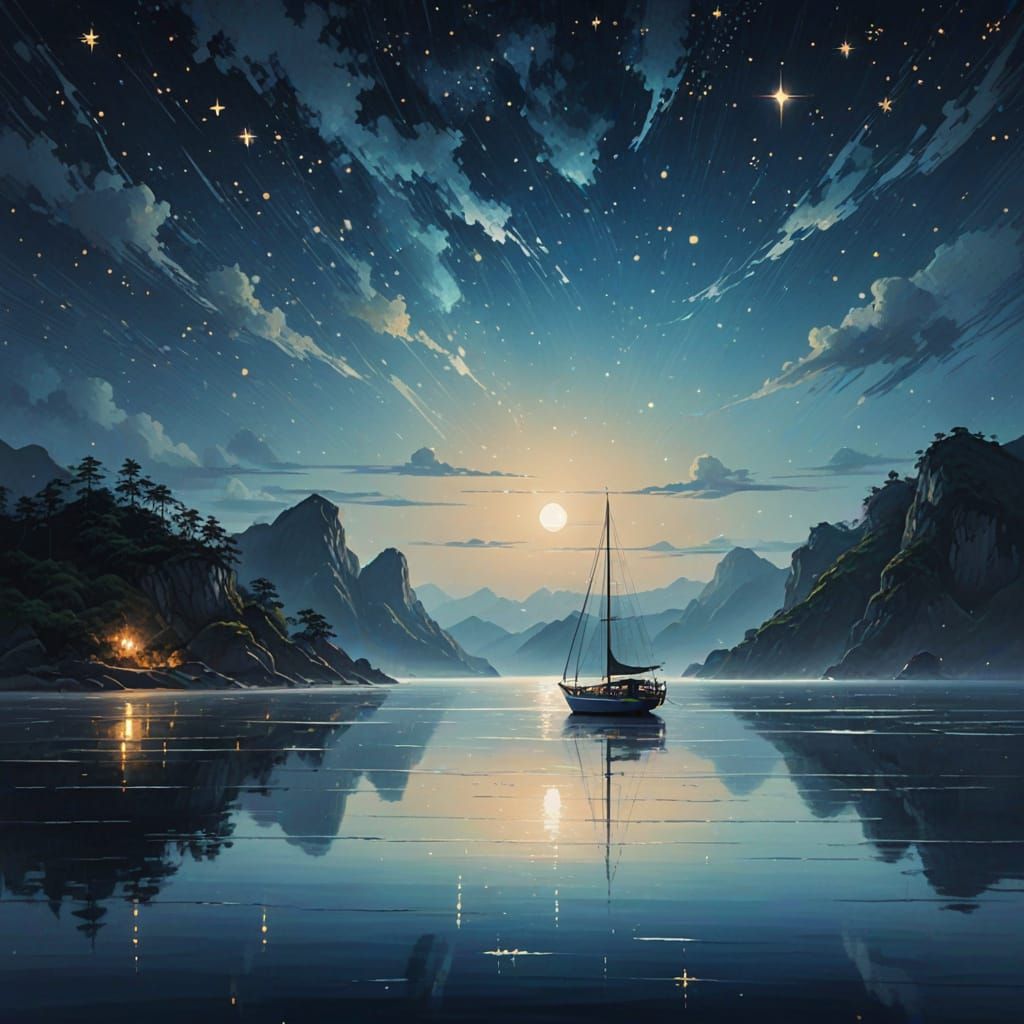 Dreamscape Seascape: Sailboat Under Starry Sky