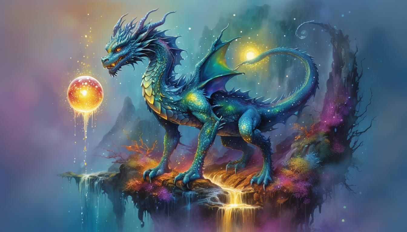 Glowing orb, dragon, waterfall - minimalistic mystical fanta...