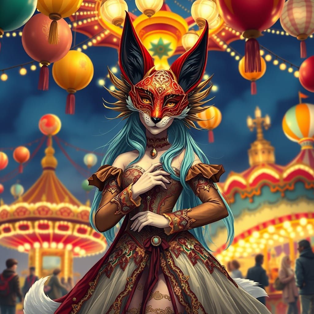 Mystical Opera Fox Siren at a Vibrant Carnival