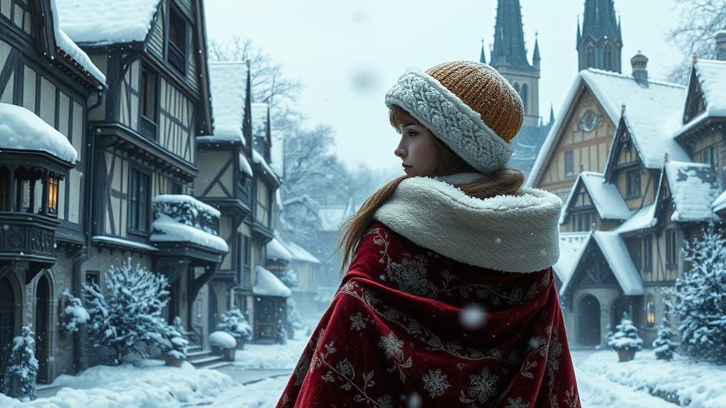 Medieval Winter Village Scene in Whimsical Style