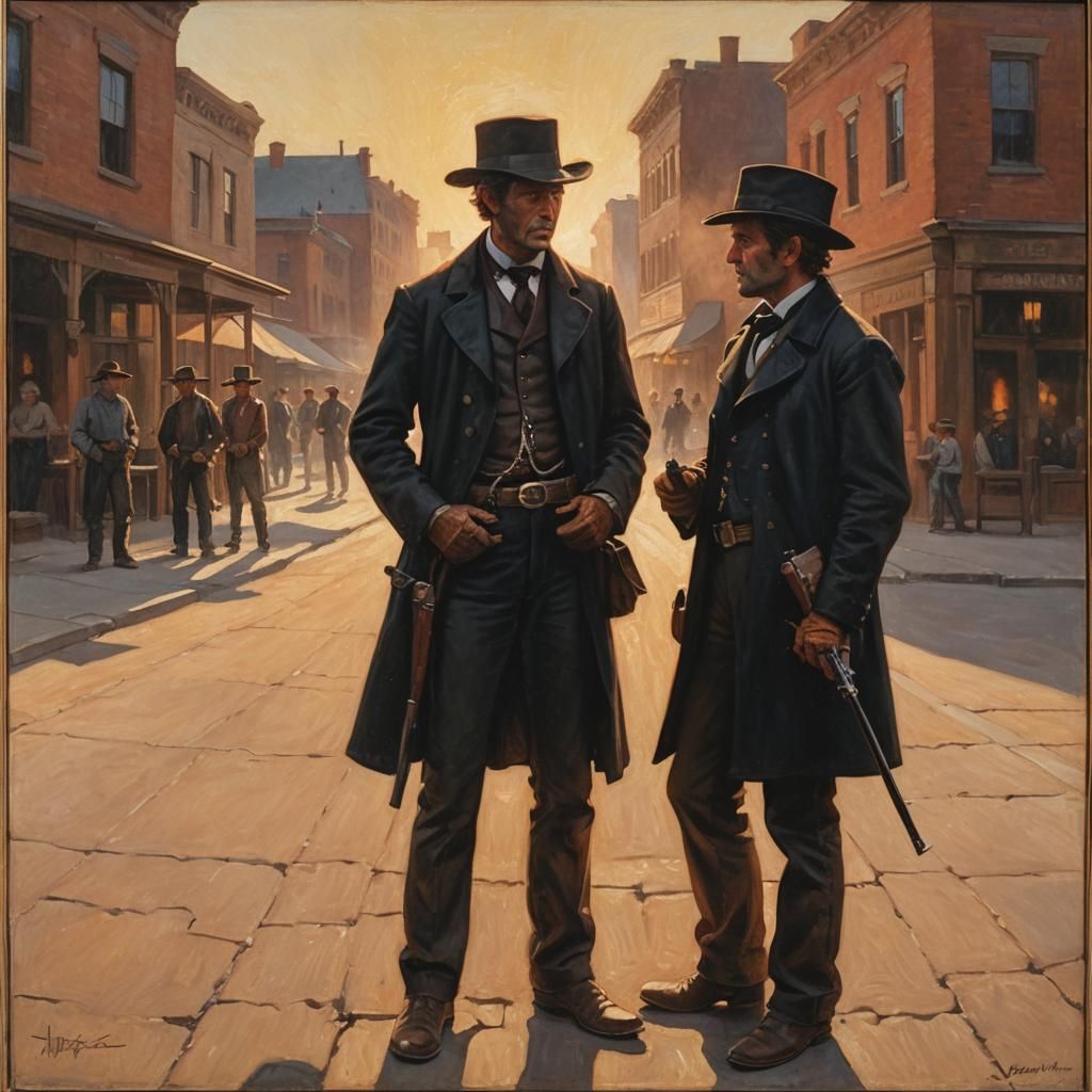 Dramatic Western Duel at Sunset in Oil Painting Style