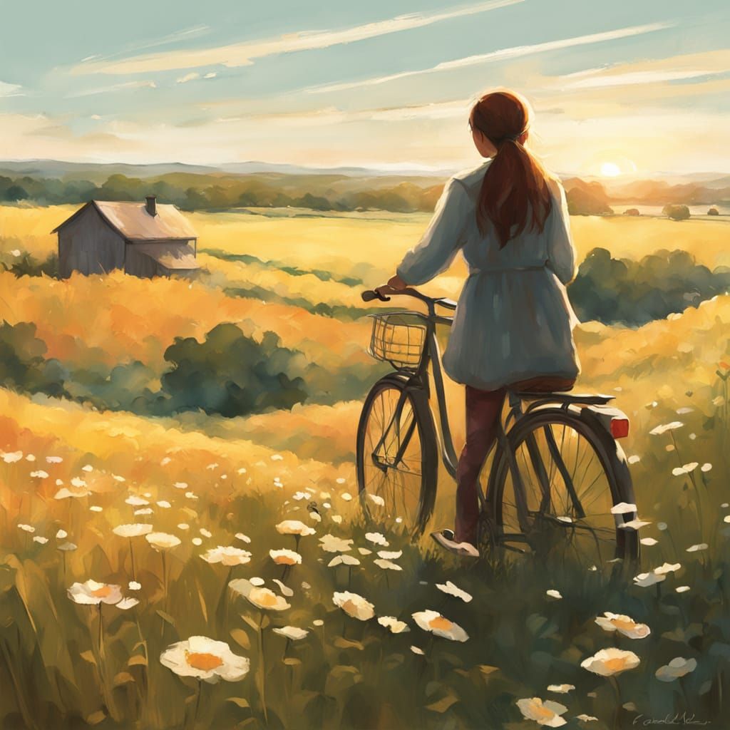 Painterly Concept Art: Girl Cycling Through Danish Fields