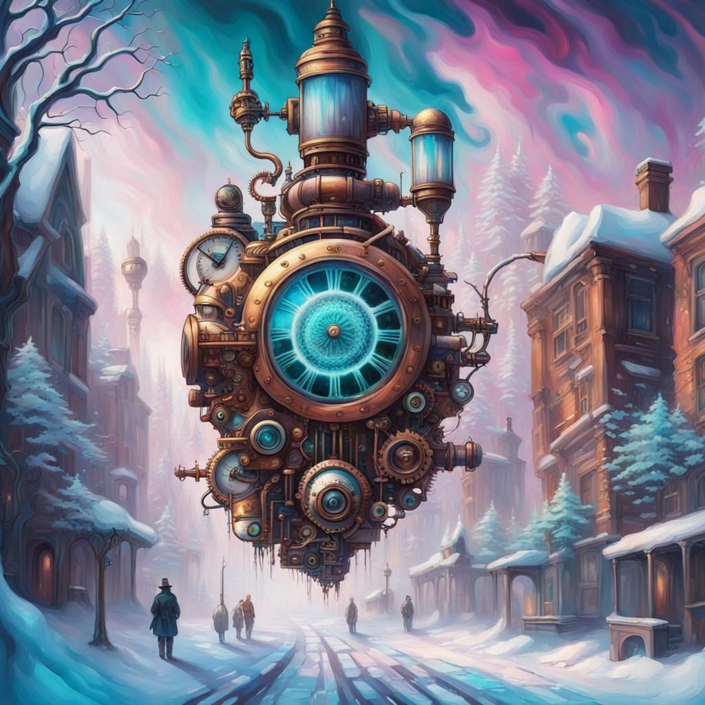 Steampunk Winter Wonderland in Airbrush Art Style