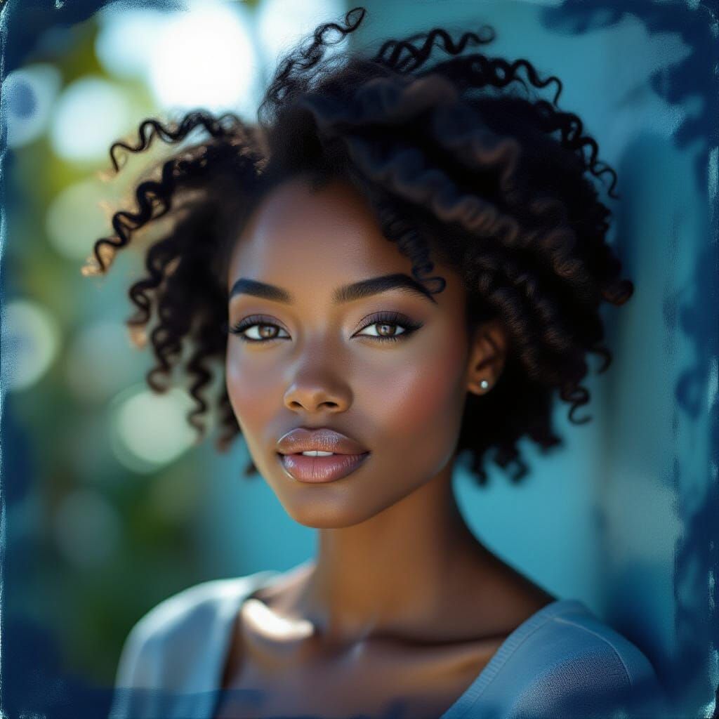 Cyanotype Portrait of a Black Woman in Blue Tones