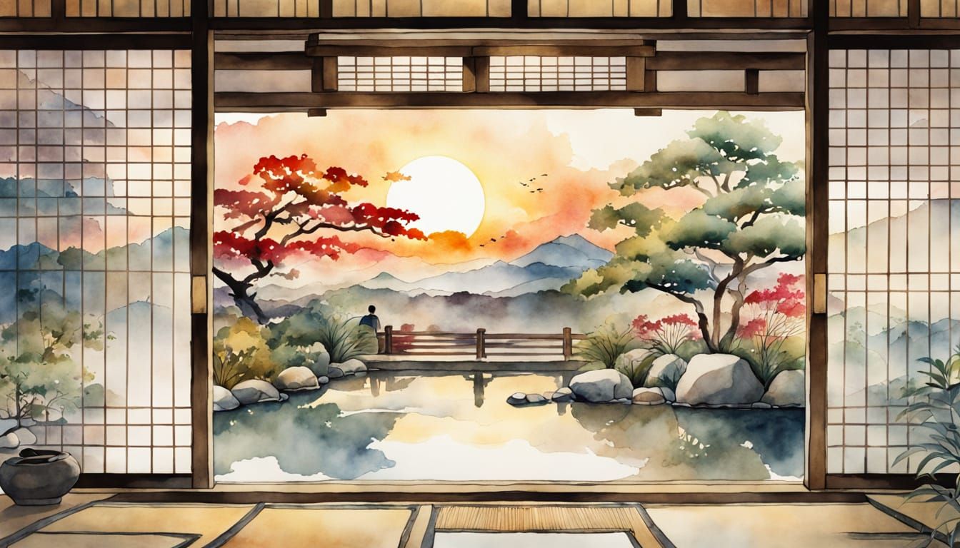 Zen Garden View From Japanese House at Sunset