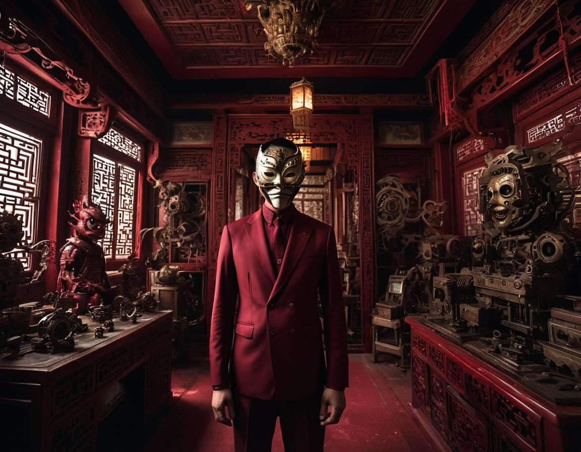Chinese Man in Red Suit With Sinological Machinery