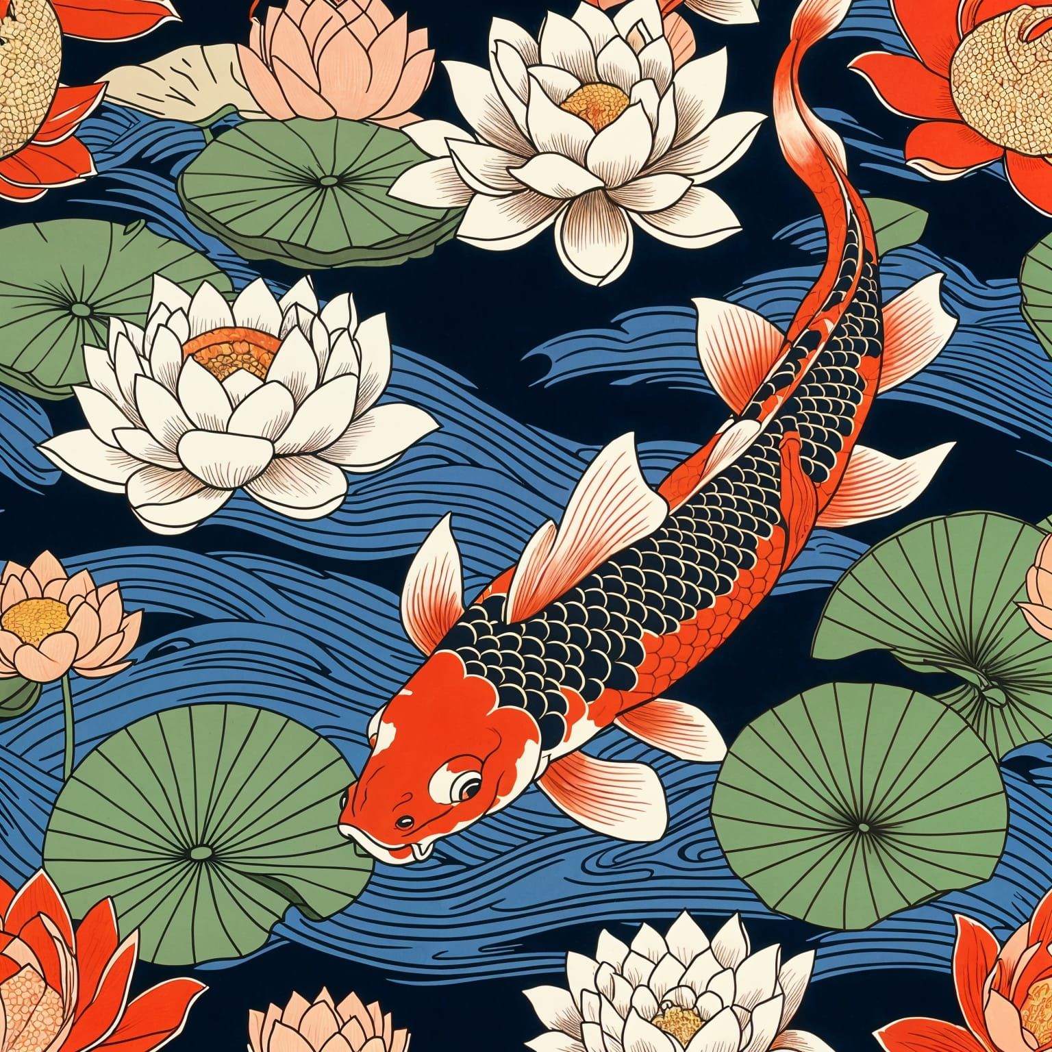 Ukiyo-e Image of Koi, Lotus, and Dragons