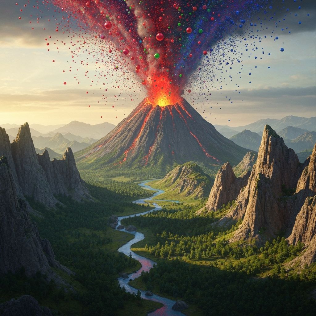 Volcano Eruption Sending Beads in Digital Art Style