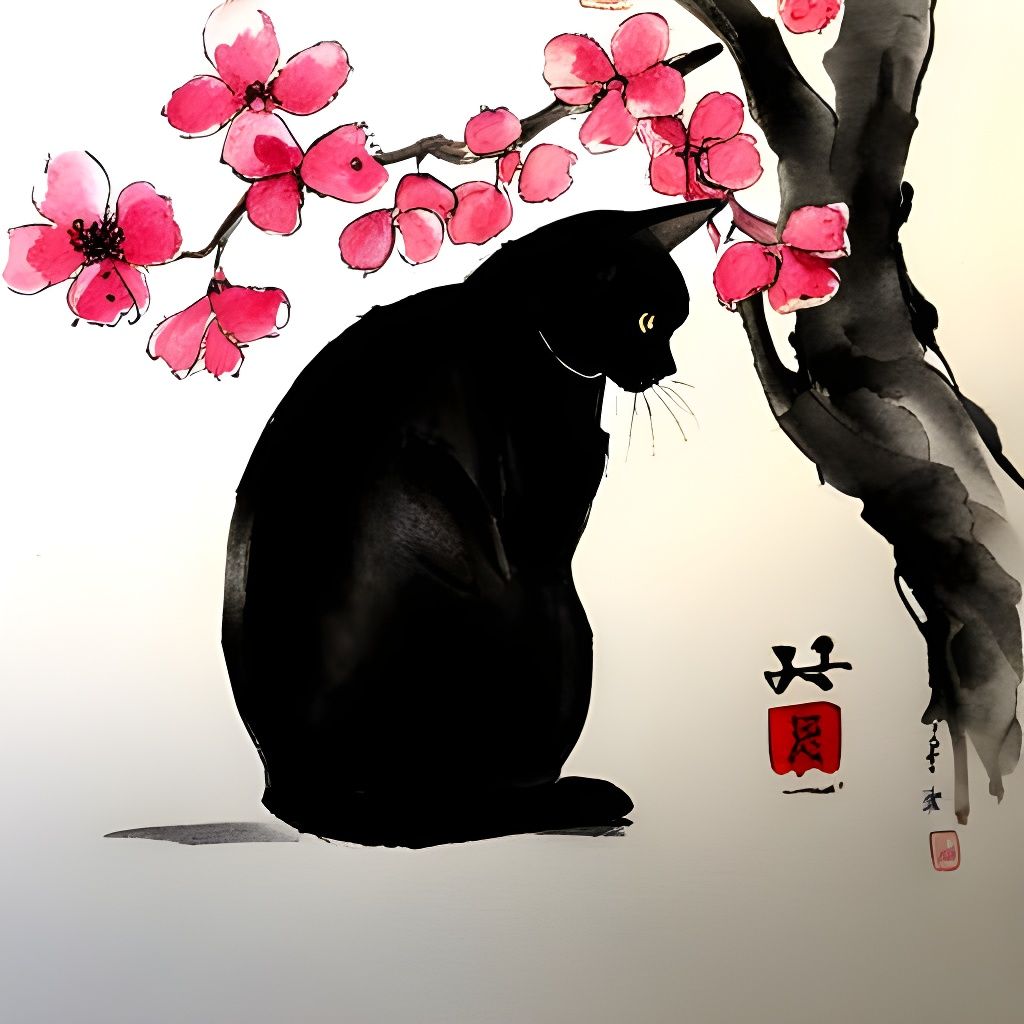 Sakura Cat: Japanese Ink Wash Painting