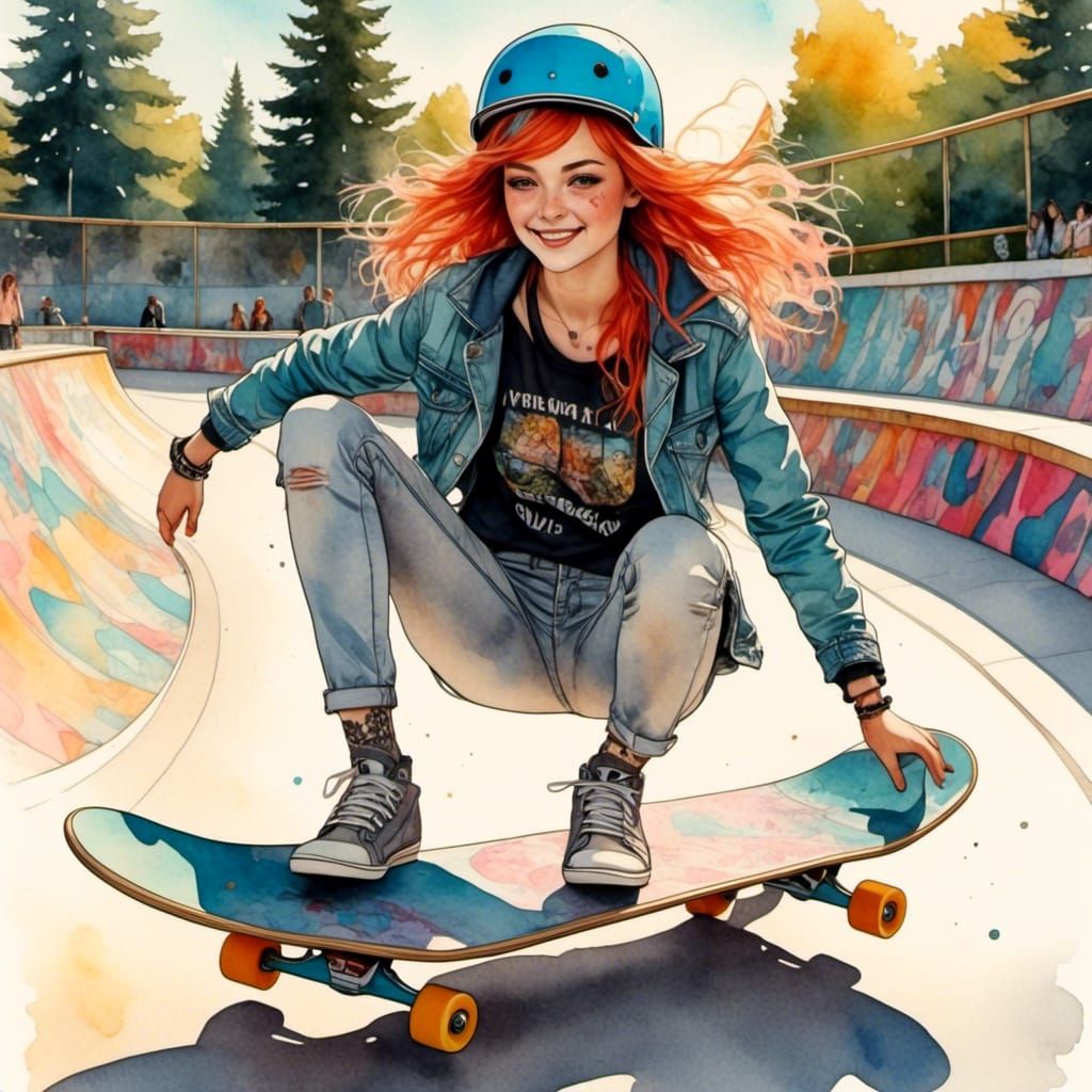 Colorful Haired Girl Skateboarding on a Sunny Day