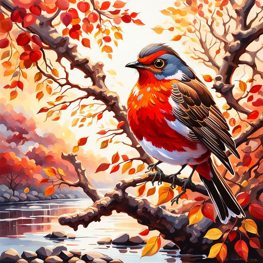 Crimson Robin in Golden Sunrise Gouache Painting