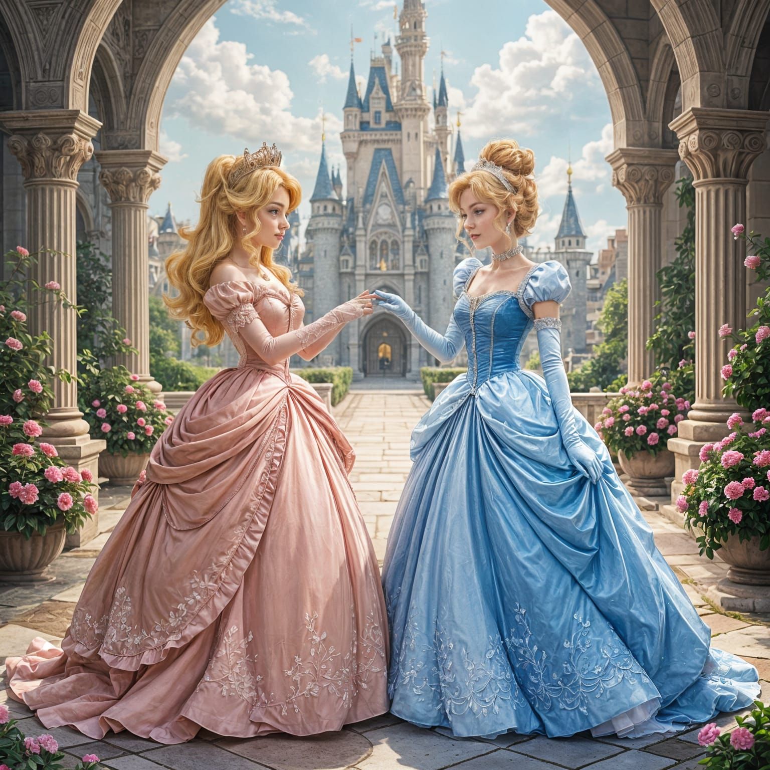 Princess Peach and Cinderella in Fairy Tale Castle