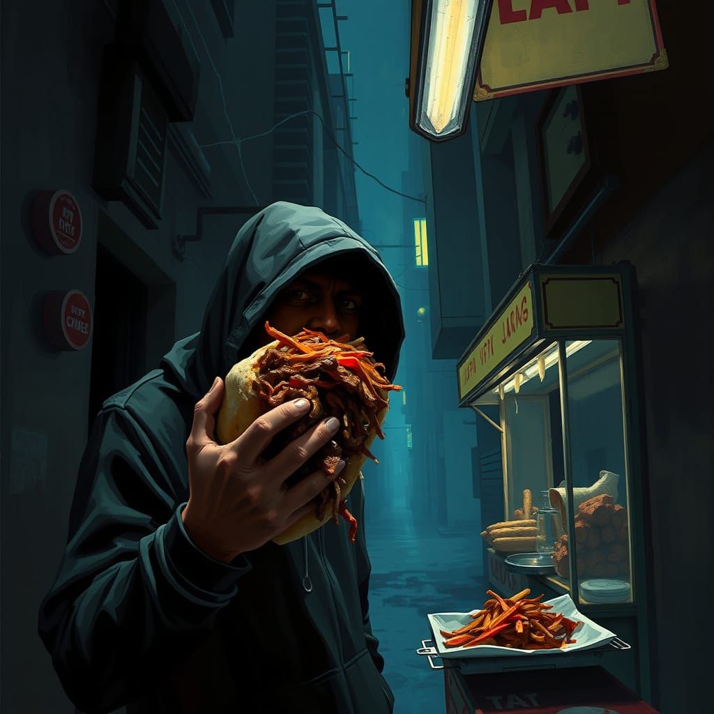Gritty City Alleyway at Dusk, Shawarma Feast