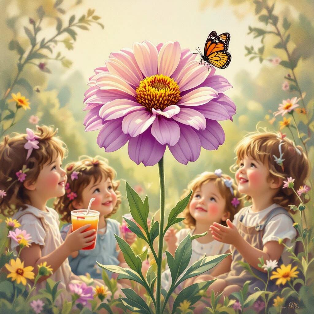 Marigold Flower with Children, Whimsical Illustration