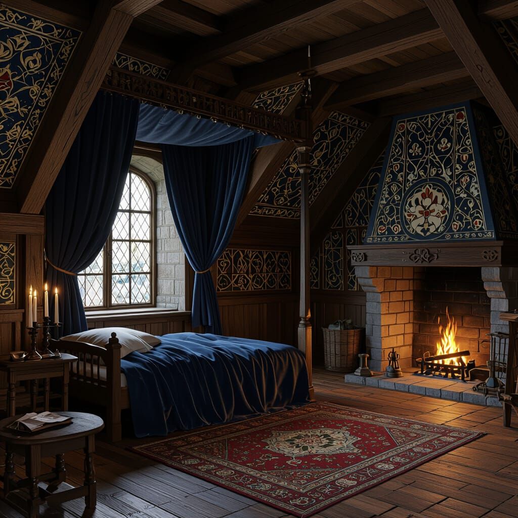 Medieval Manor Bedroom with Four-Poster Bed in Art Nouveau S...