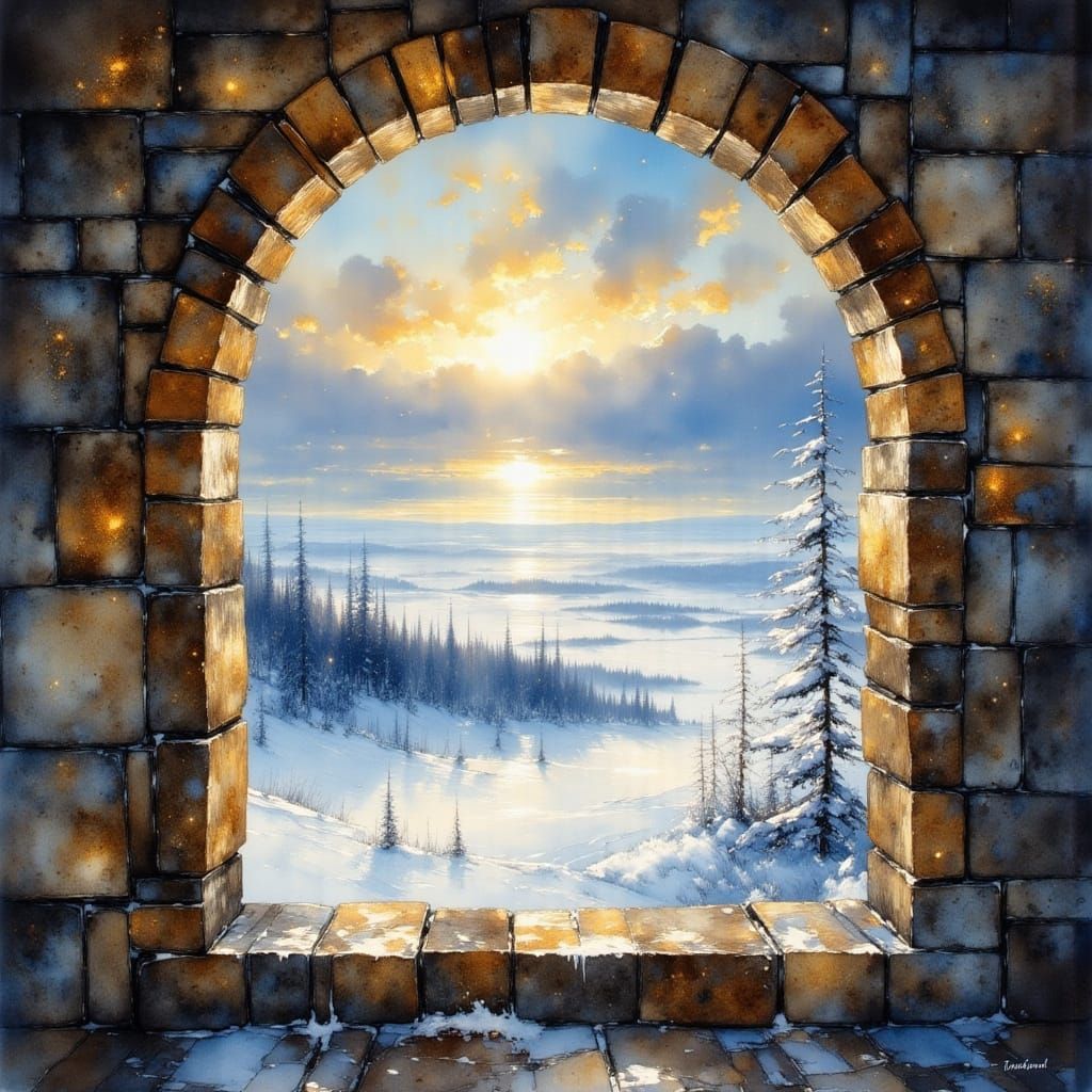 Snowy Tundra Landscape Through Castle Window